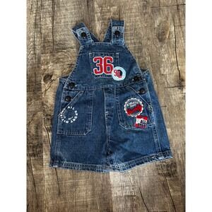 B.T. Kids Blue Denim Shortall Overalls Varsity Athletic Patches 6/9 Months